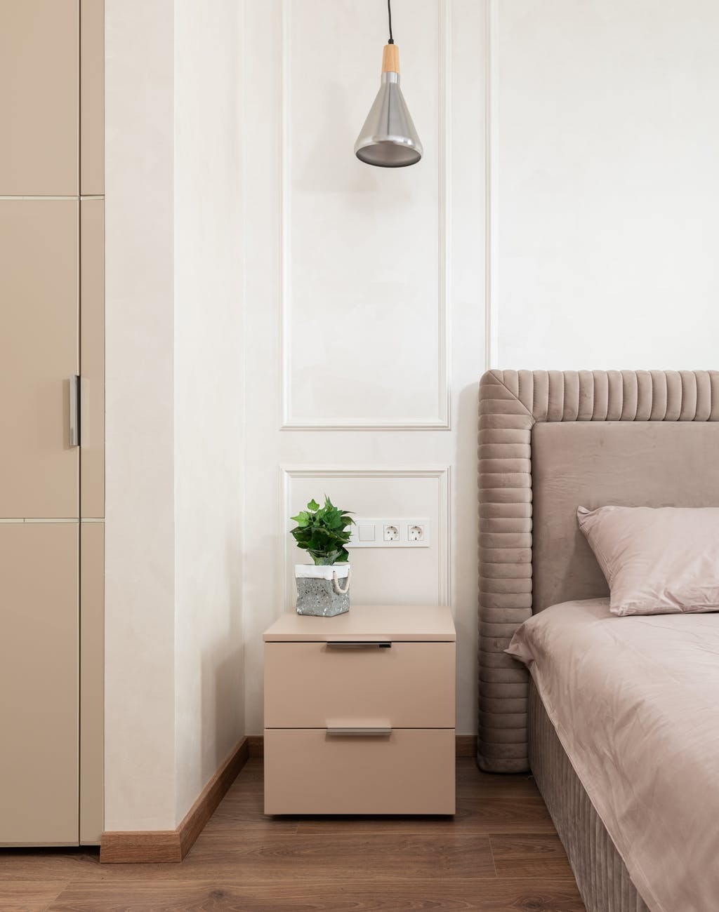Minimalist home 
stylish interior of bedroom in modern apartment