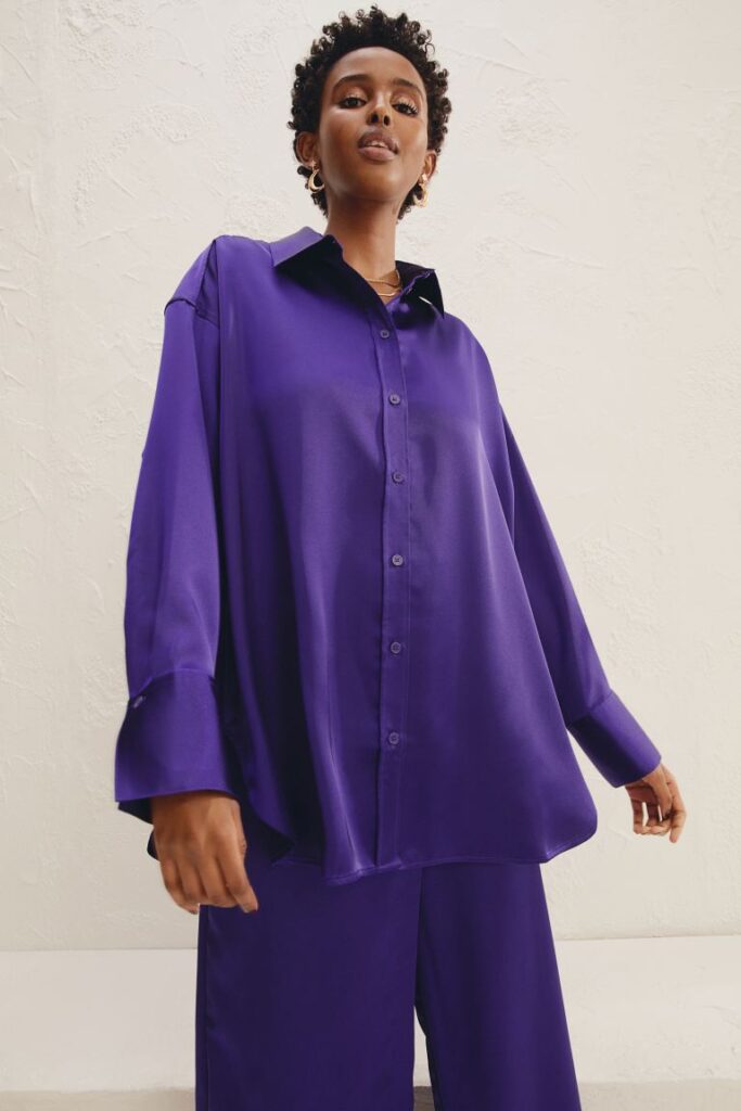 Chic Style Collective | H&M Spring Collection 2022 run, don’t walk. satin shirt purple