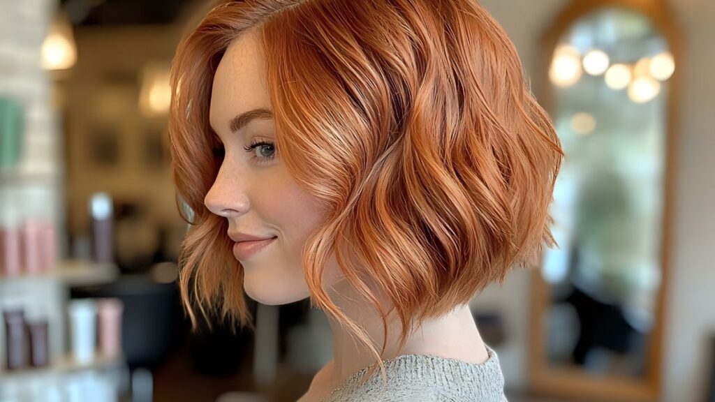ripple bob haircut on brown hair showing soft wave texture"